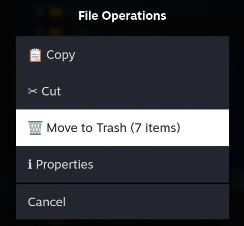 The File Operations menu with Move to Trash showing a count of seven items.