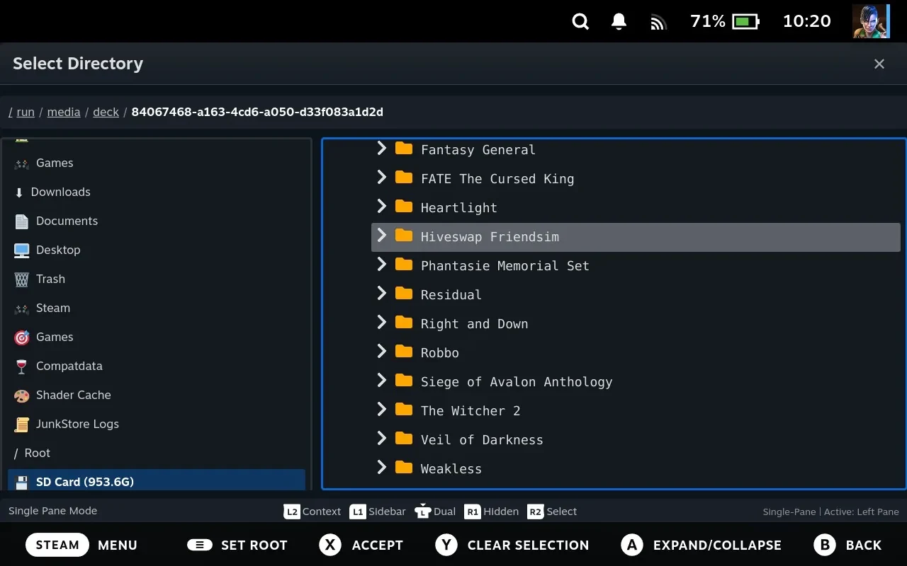 The File Manager opened as a picker, titled Select Directory, with the bottom hint reading Accept rather than View.