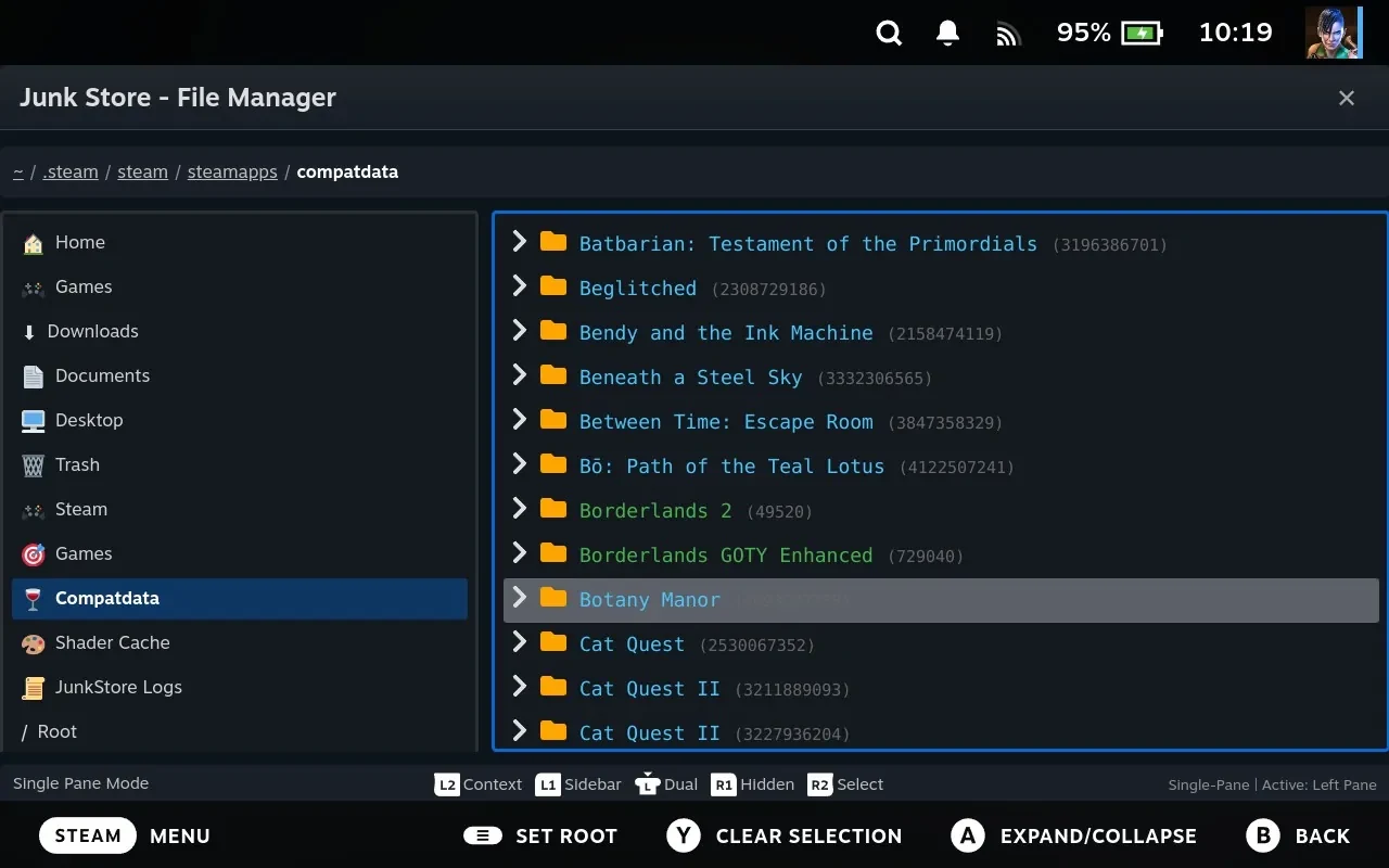 The compatdata folder with each directory shown by game name and colour, its numeric ID in brackets after it.