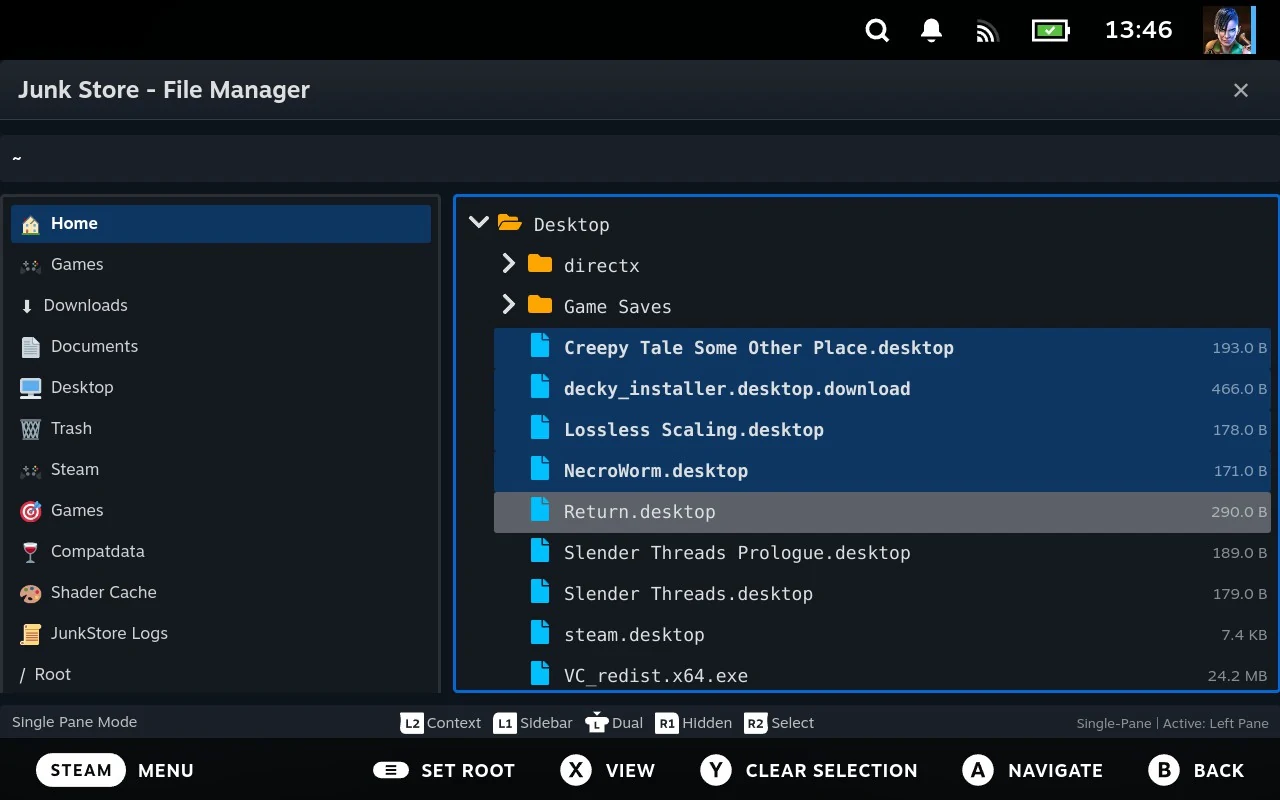 Four files selected and shown in bold on a blue background, with the cursor on a fifth, different file. The hint bar offers Clear Selection.