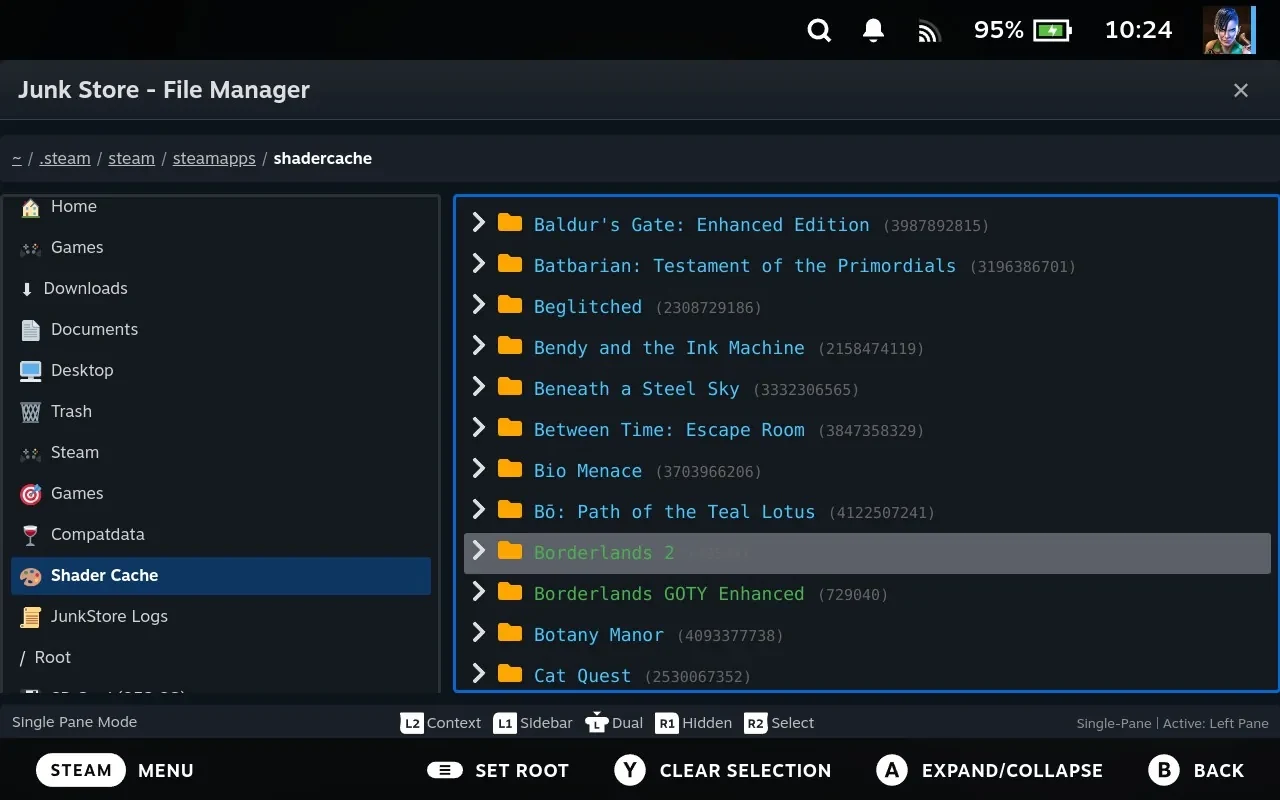 The shadercache folder, listing the same games by name and colour as compatdata.