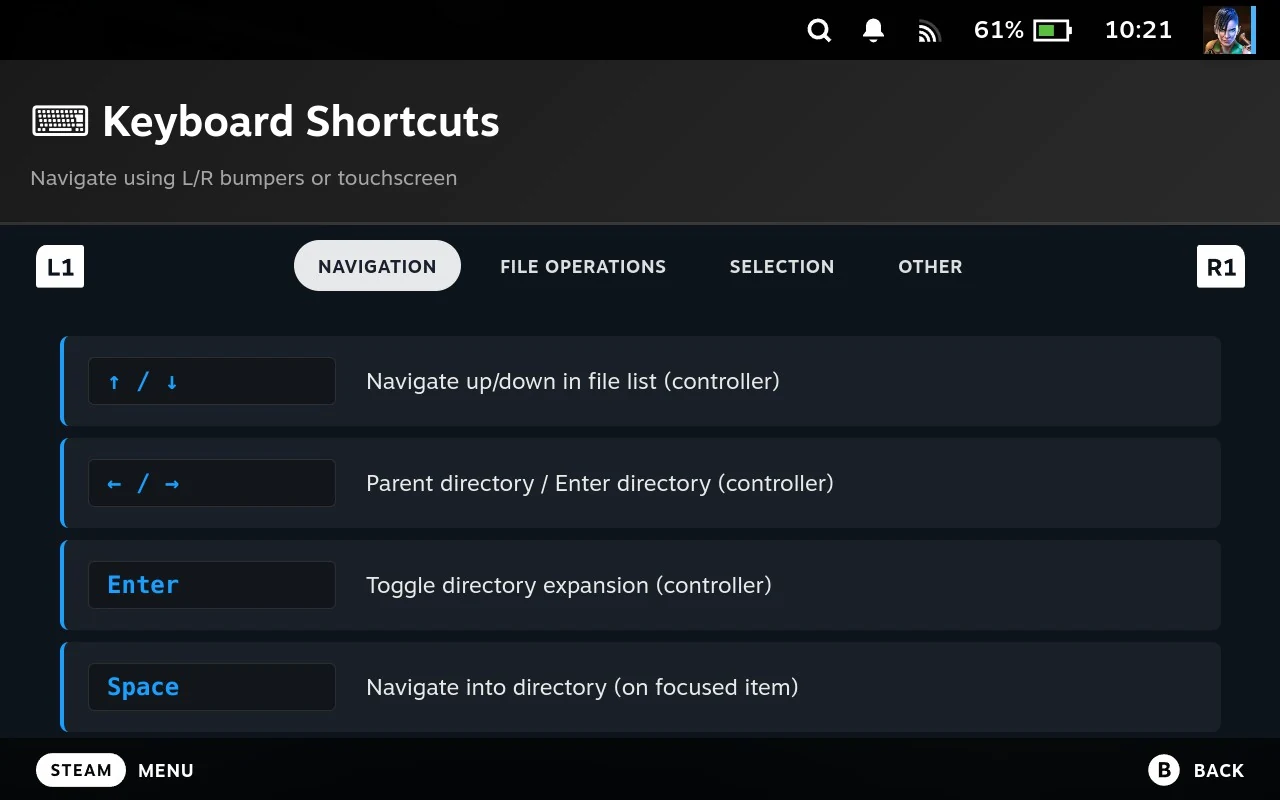 The Keyboard Shortcuts overlay, with tabs for navigation, file operations, selection and other, listing each key against what it does.