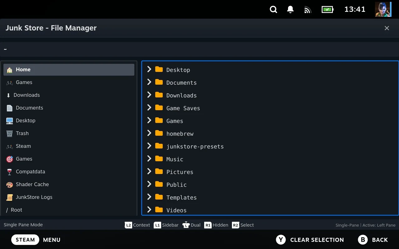 The File Manager as it opens: the sidebar down the left, one directory listing, and the hints for the menu, sidebar, dual pane and selection along the bottom.