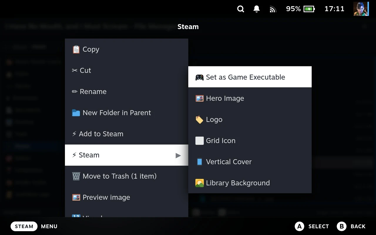The Steam submenu on an image file, listing Hero Image, Logo, Grid Icon, Vertical Cover and Library Background.