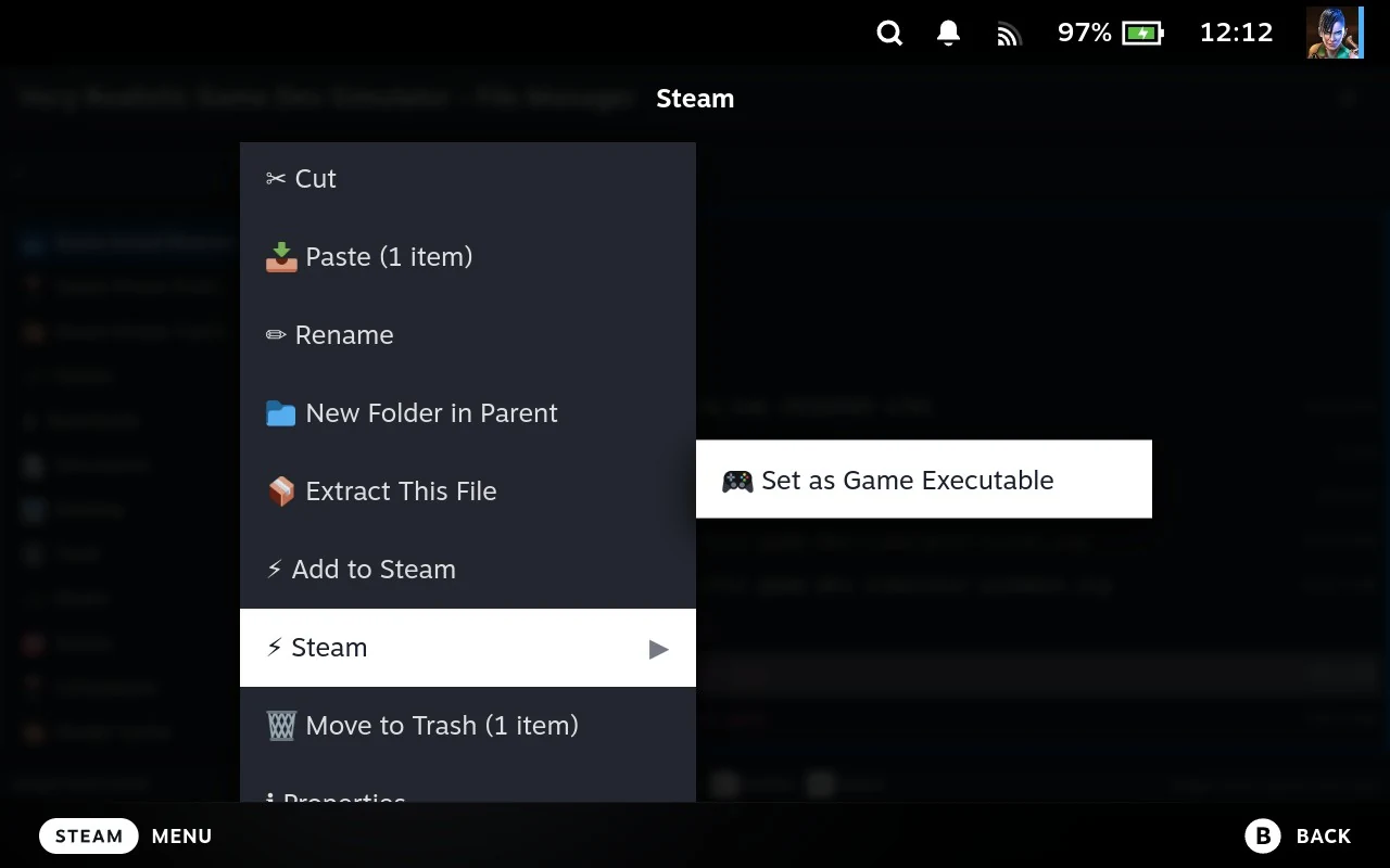 The Steam submenu on a program, offering Set as Game Executable.