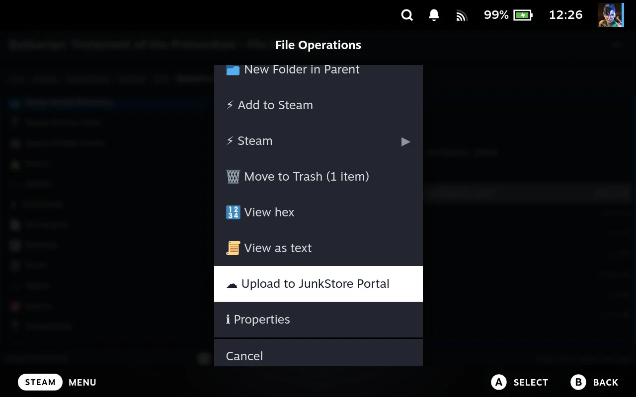The File Operations menu scrolled down, with Upload to JunkStore Portal highlighted below the viewer entries.
