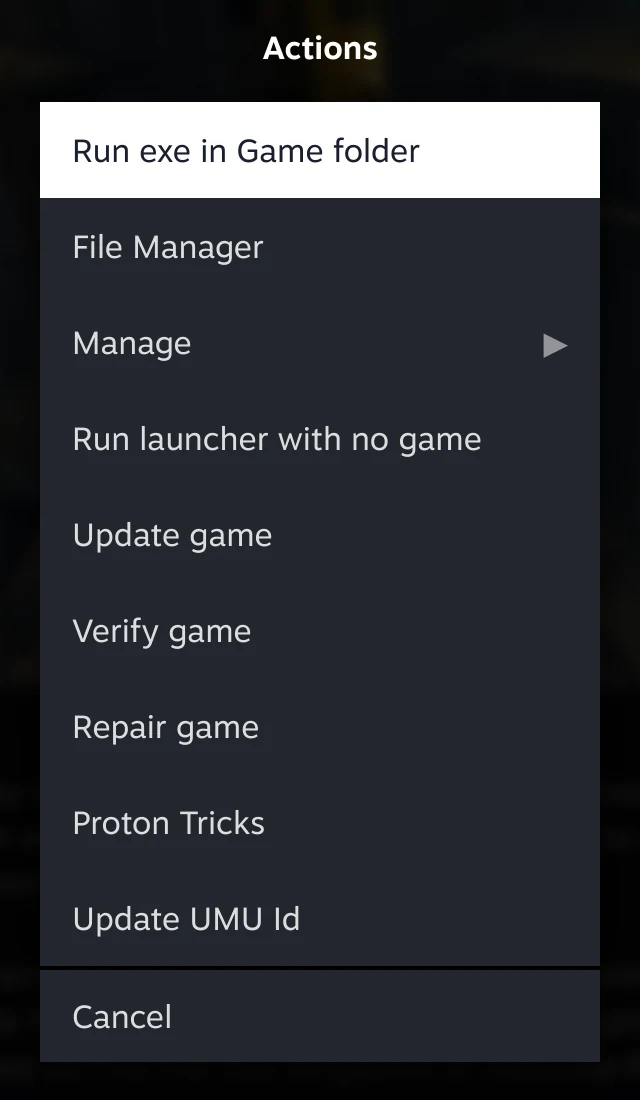 The actions menu on an installed game, from Run Exe at the top down to Update UMU Id.