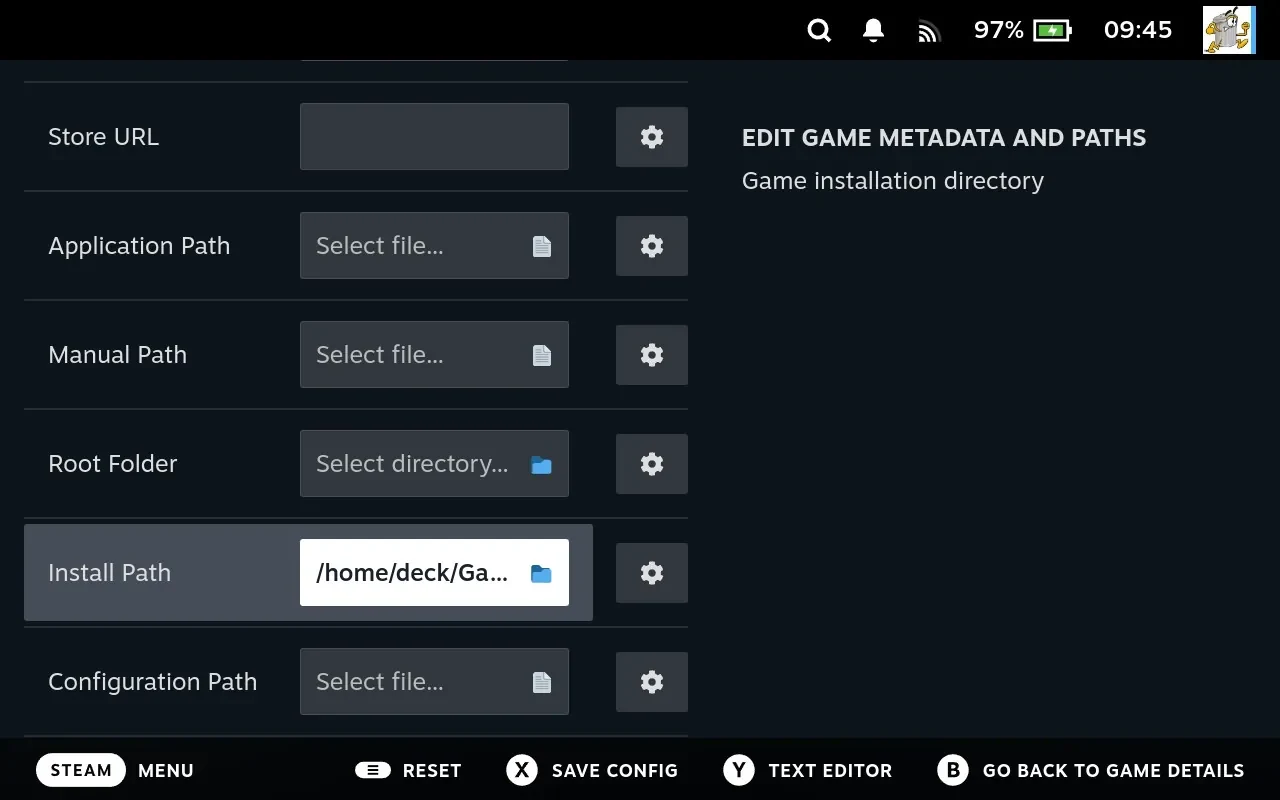 Game Details part way down, showing the store URL and the fields that point at files, with the help pane explaining the focused one.