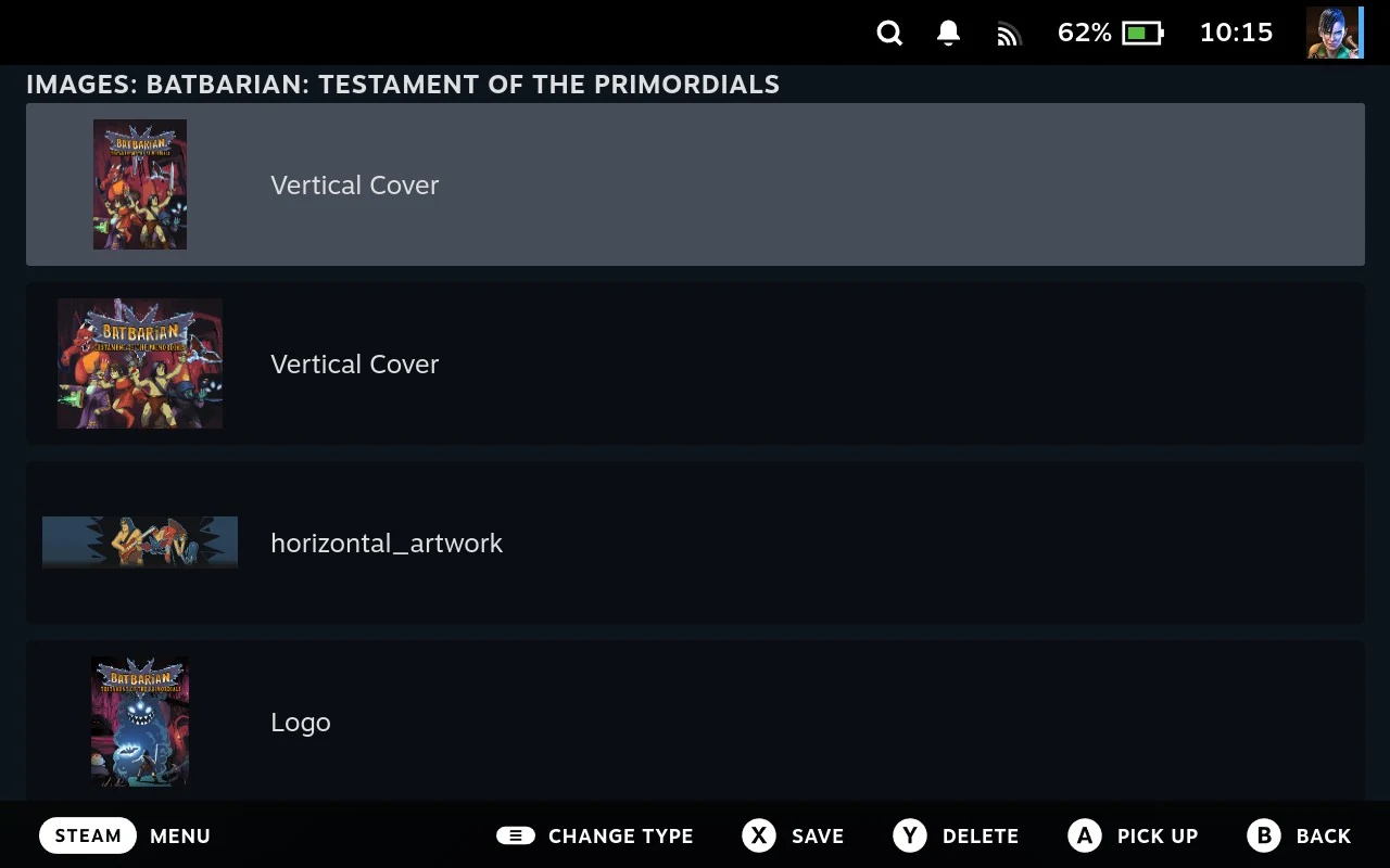 The Images list for a game, each row a thumbnail and the kind of artwork it is, with hints for changing the type, deleting and reordering.