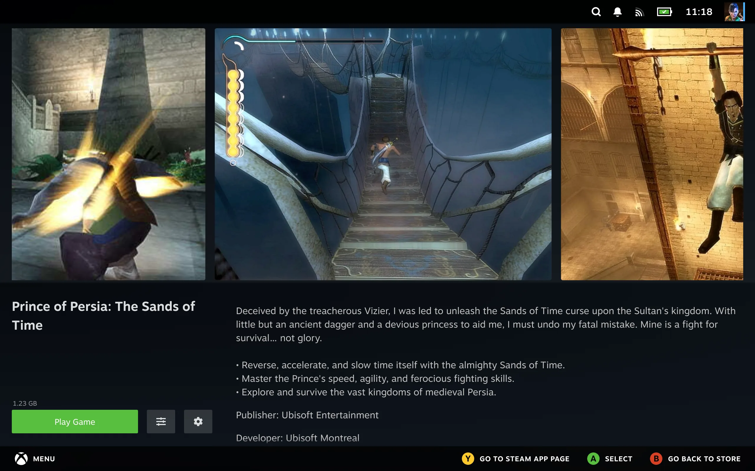 An installed game's page: artwork across the top, the description and publisher details, and the install size above the Play Game button with the sliders and cog beside it.