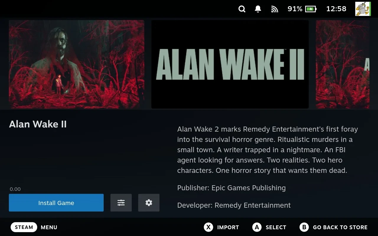 A game that isn't installed, showing Install Game, with the hint bar offering Import on X.