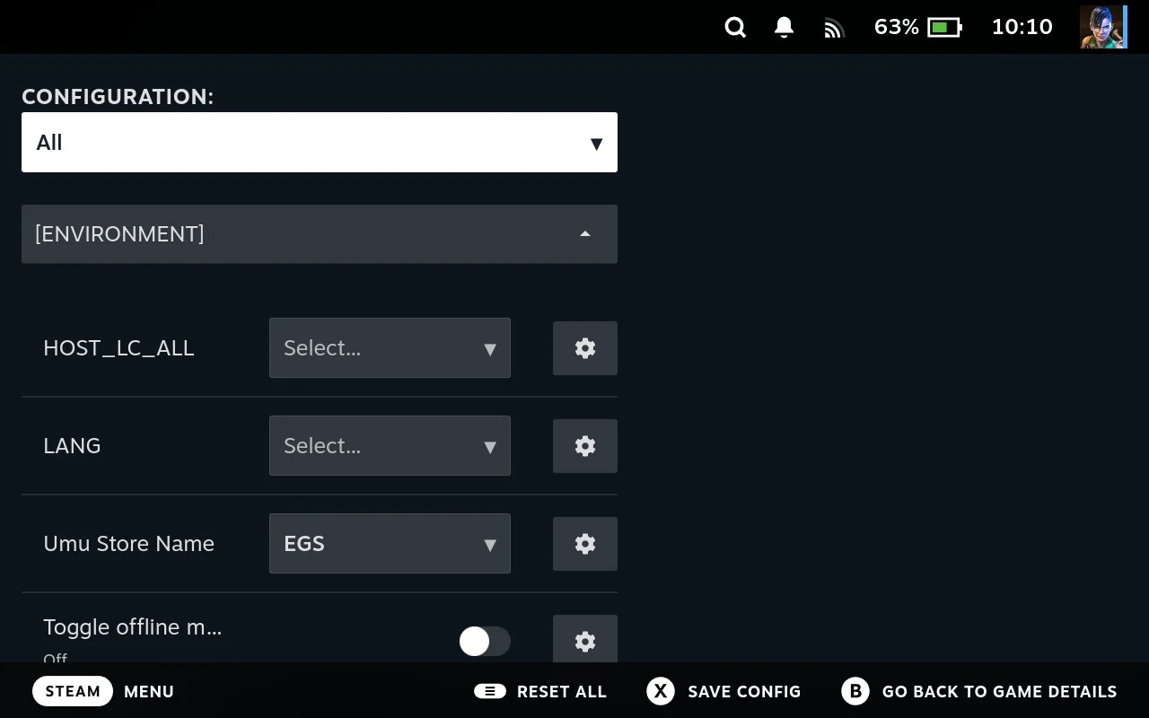A game's configs, with the section filter at the top and the environment section expanded to show its variables.
