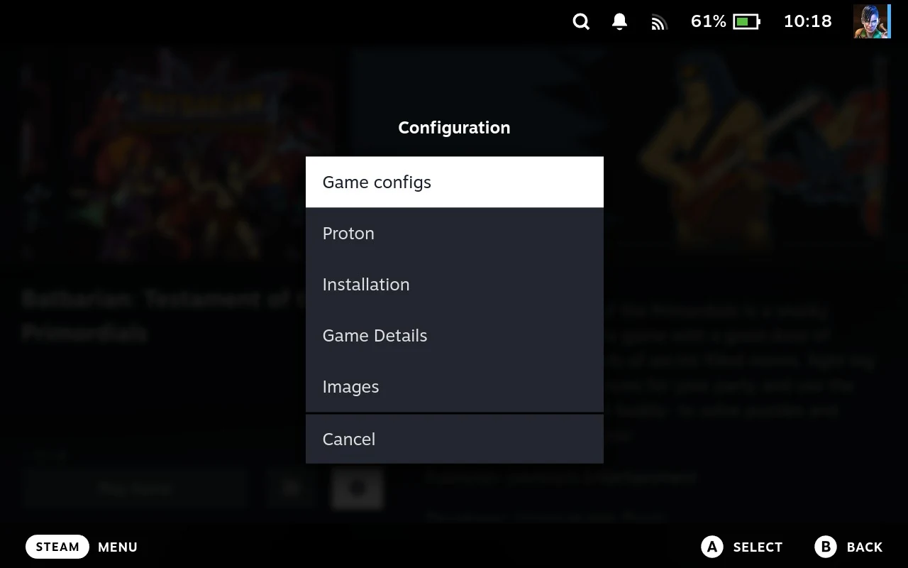 The Configuration menu on a game's cog, listing Game configs, Proton, Installation, Game Details and Images.