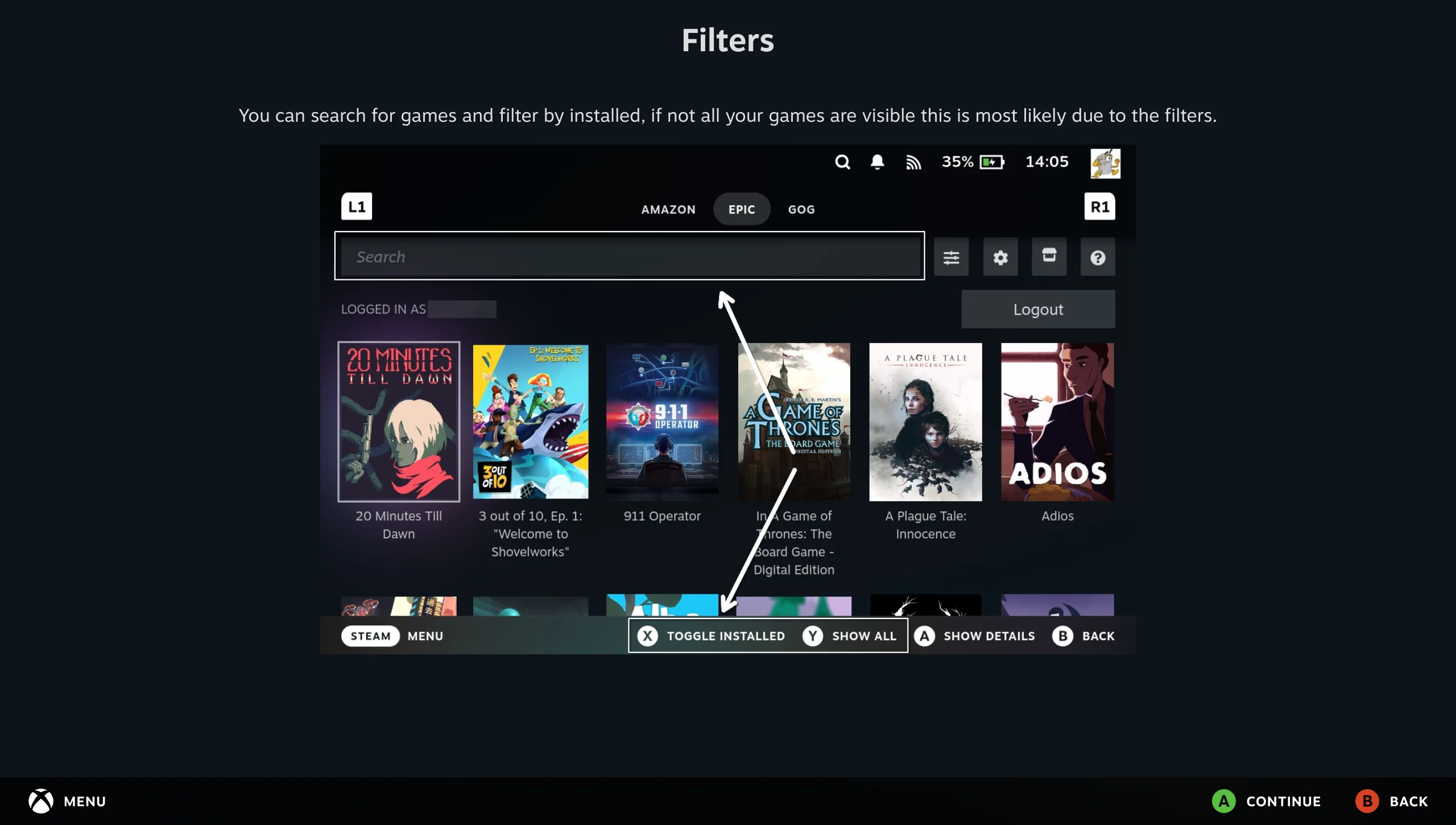 A help slide for this screen, explaining the filters, with an arrow pointing at the search box and the button hints.