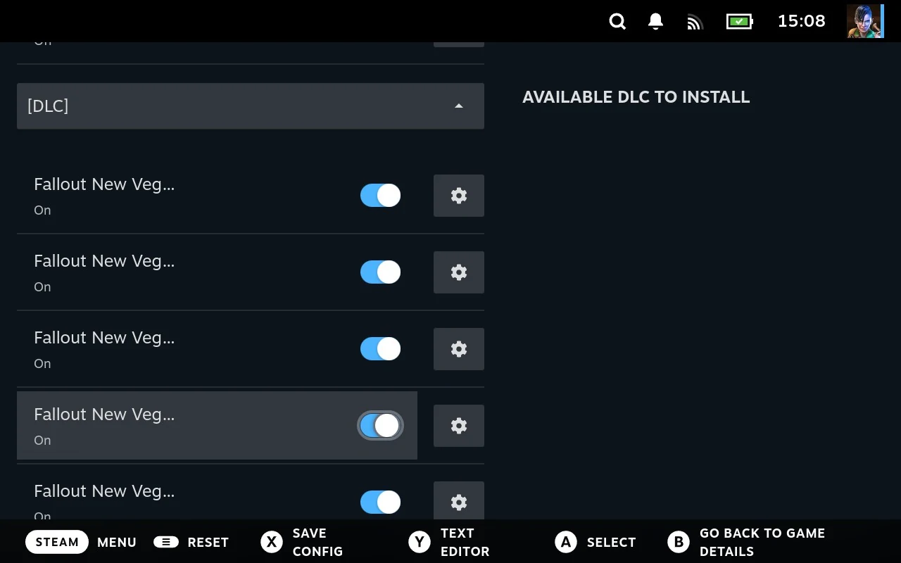 The DLC section for a game, each add-on a switch, all of them on.