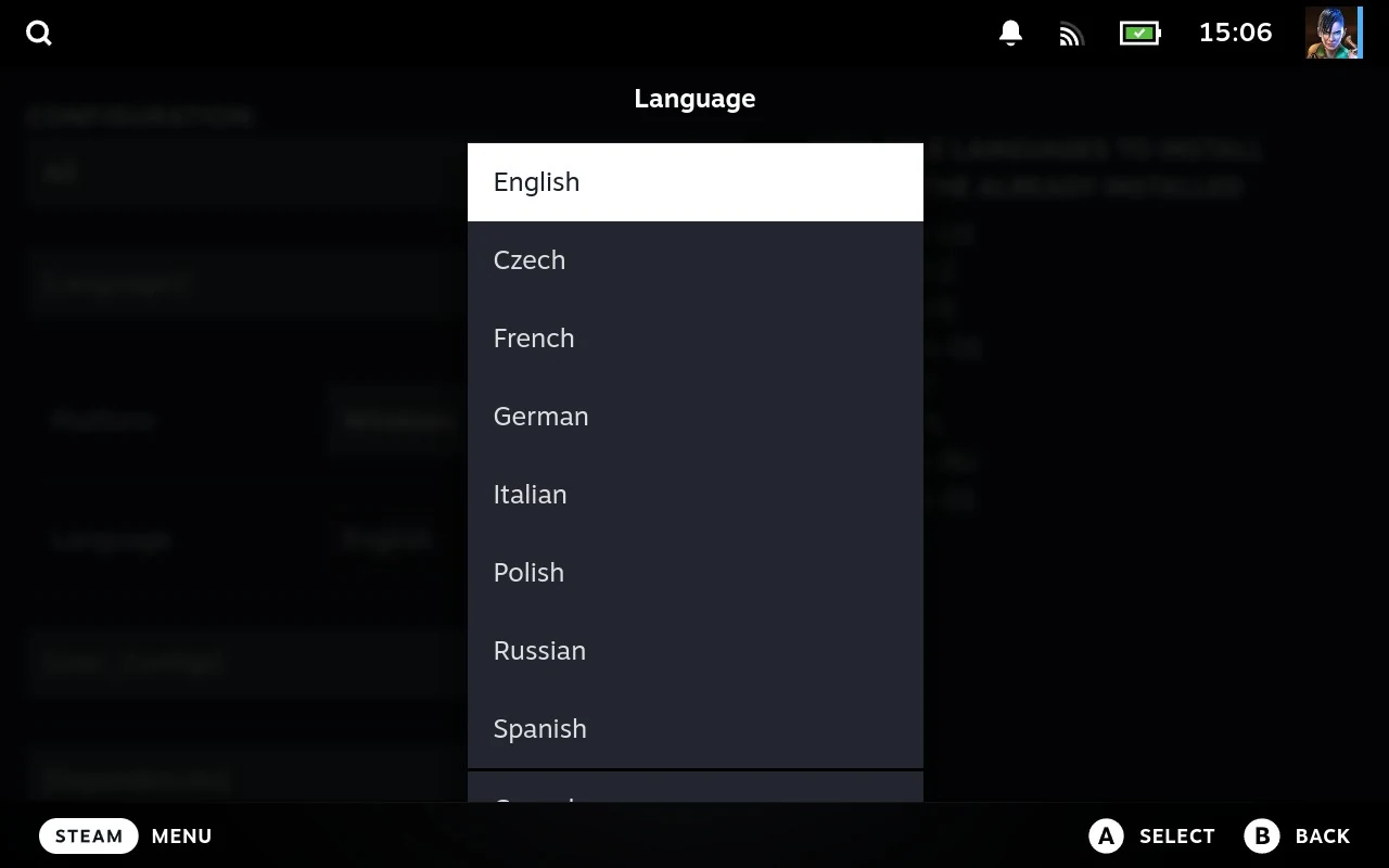GOG's language dropdown, open, listing one language per row.