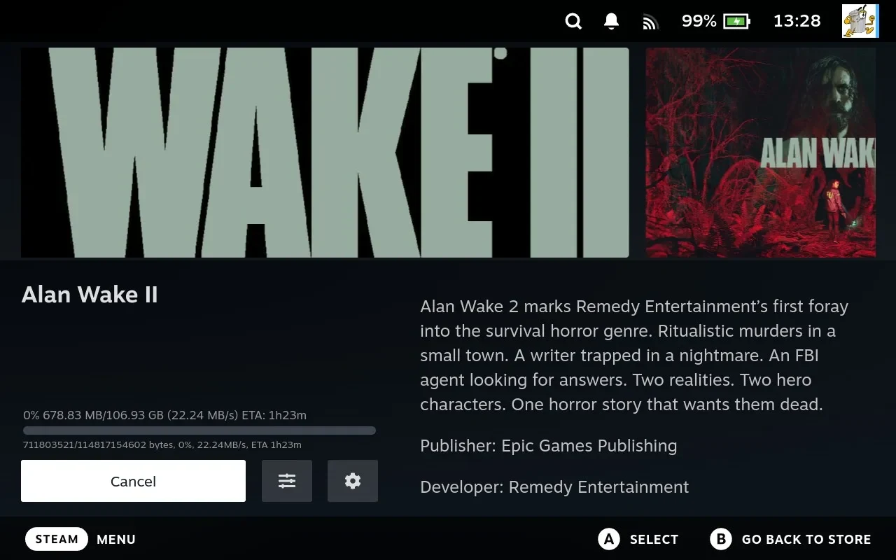 The game's page during a transfer, with a progress bar, the amount copied, the rate and an estimated time.