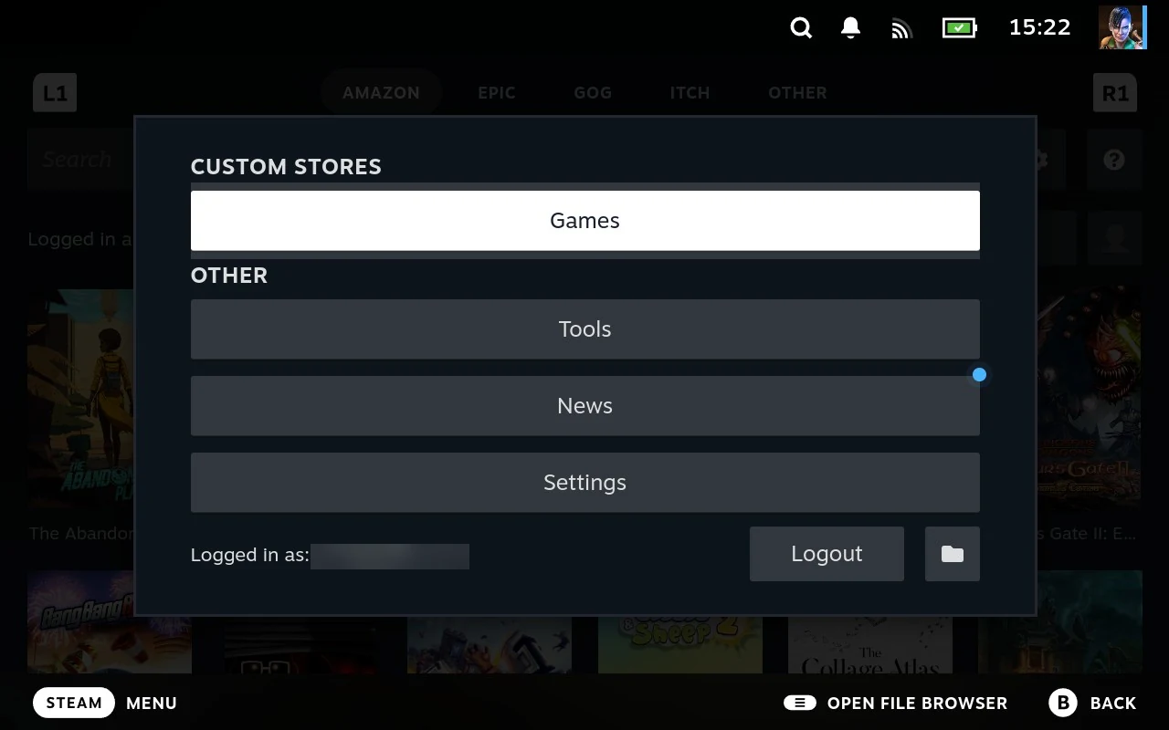 The SELECT menu: custom stores at the top, then Tools, News and Settings, with the signed in account and a Logout button along the bottom. A blue dot sits on News.