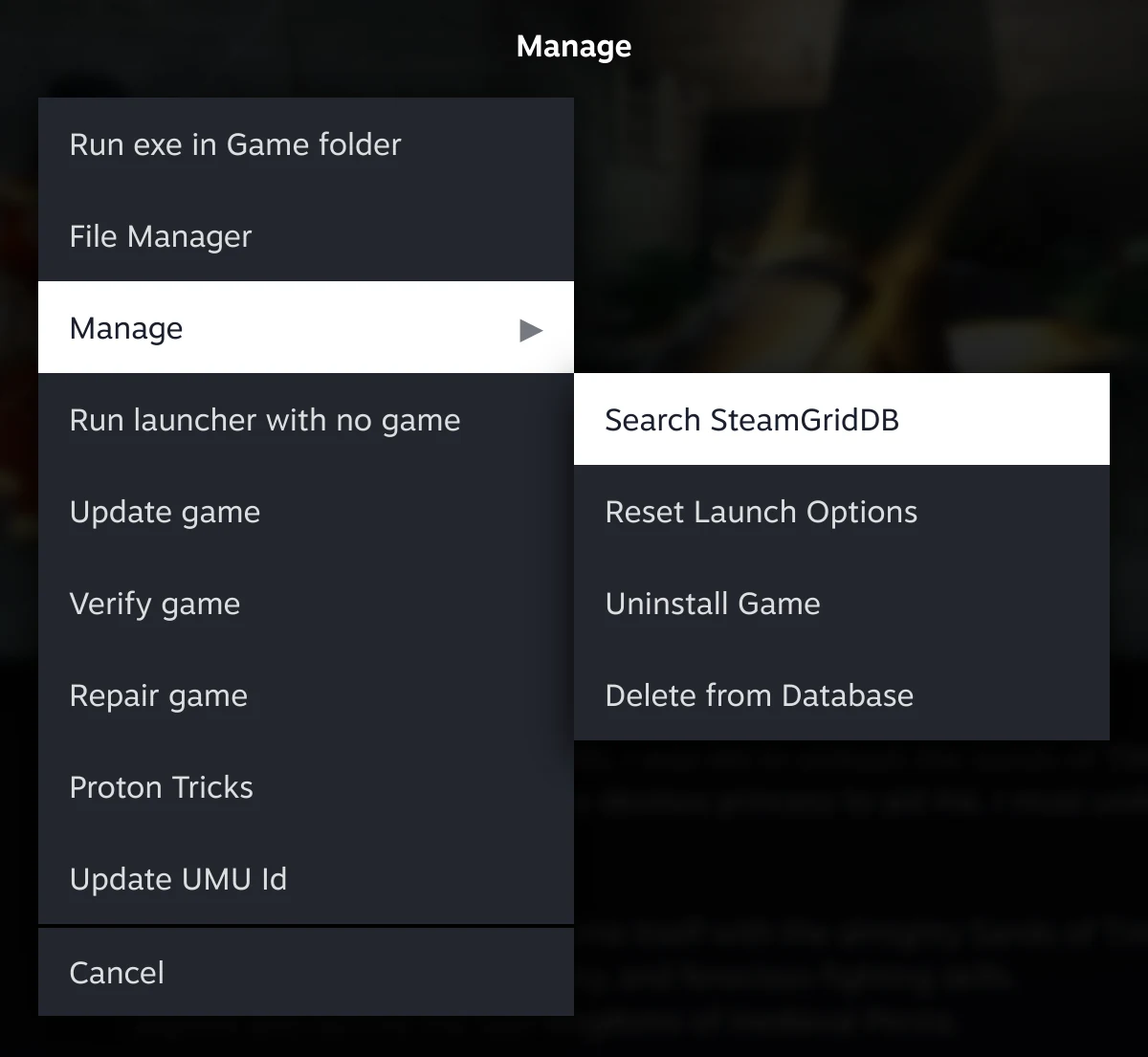 The Manage submenu opening to the right of the actions menu, offering Search SteamGridDB, Reset Launch Options, Uninstall Game and Delete from Database.