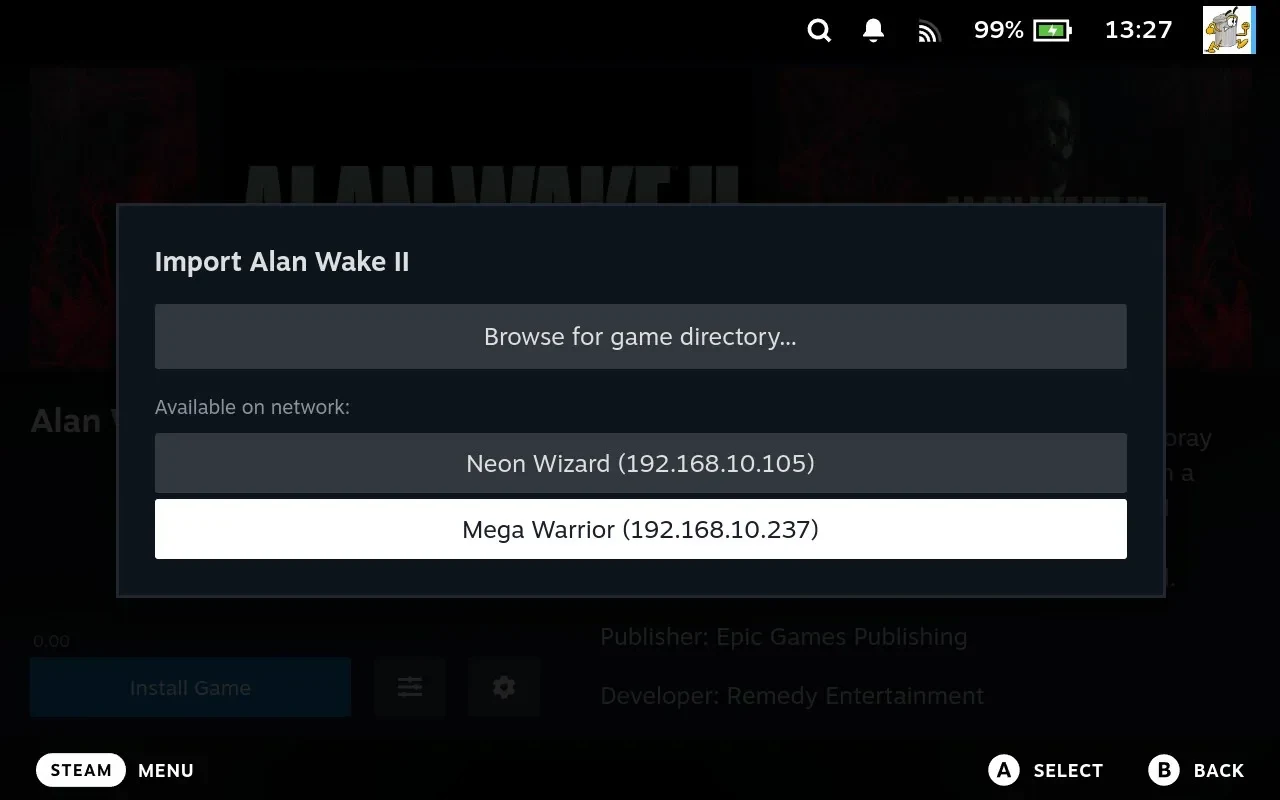 The Import window, offering to browse for a directory, and listing two machines on the network that have the game, each with its name and address.