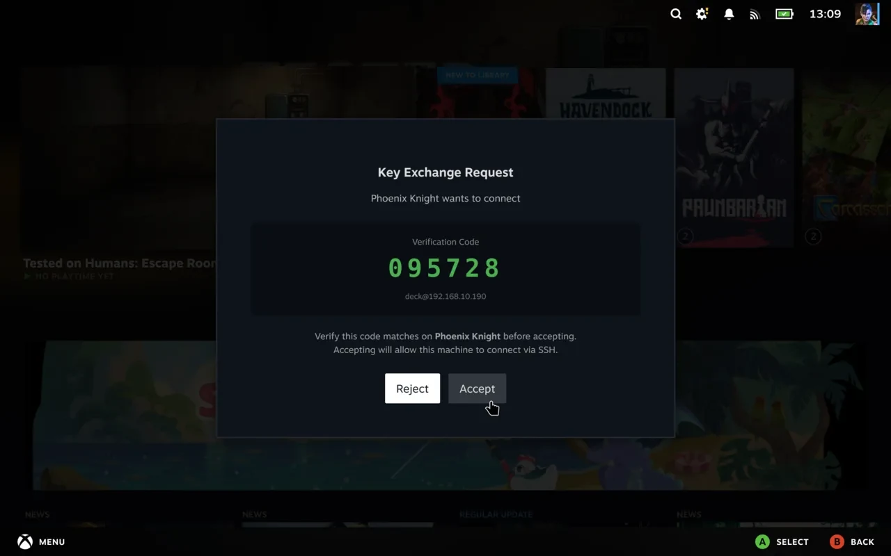 The other machine, showing the key exchange request, who wants to connect, the same verification code, and Reject and Accept buttons.