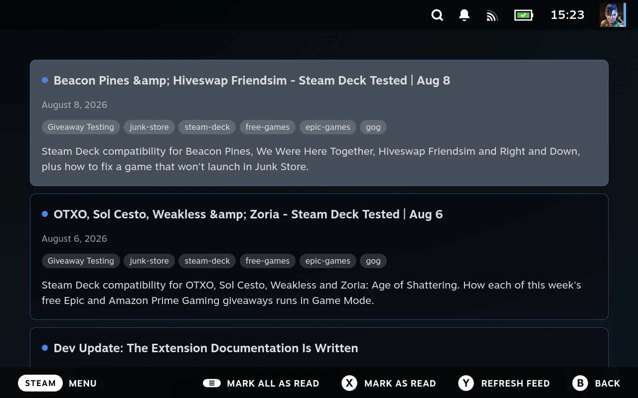 The news list, each post showing a blue unread dot, its title, date, tags and summary, with the mark-read and refresh hints along the bottom.