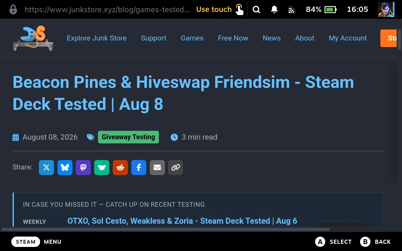A news post opened in the Deck's browser, showing its title, date, tag and reading time.
