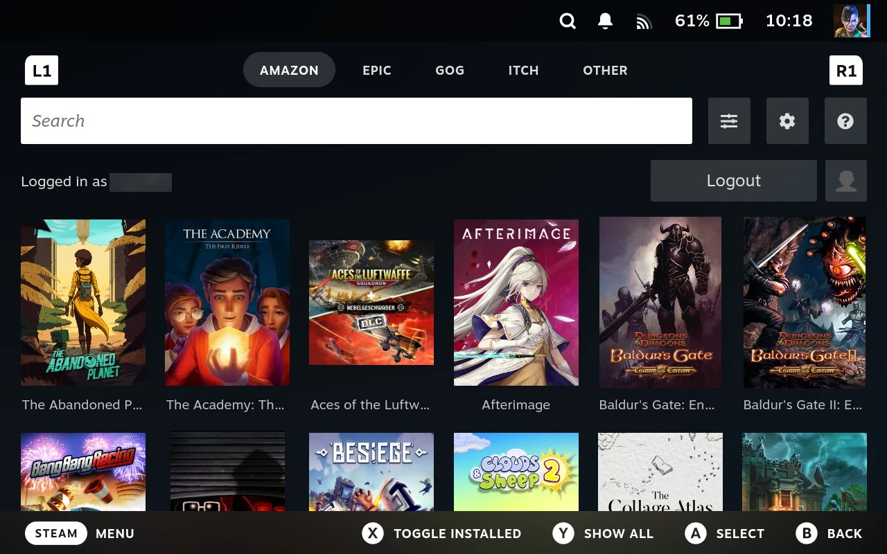 Junk Store Pro as it normally looks: a tab for each store across the top, a search box, and the grid of games below.