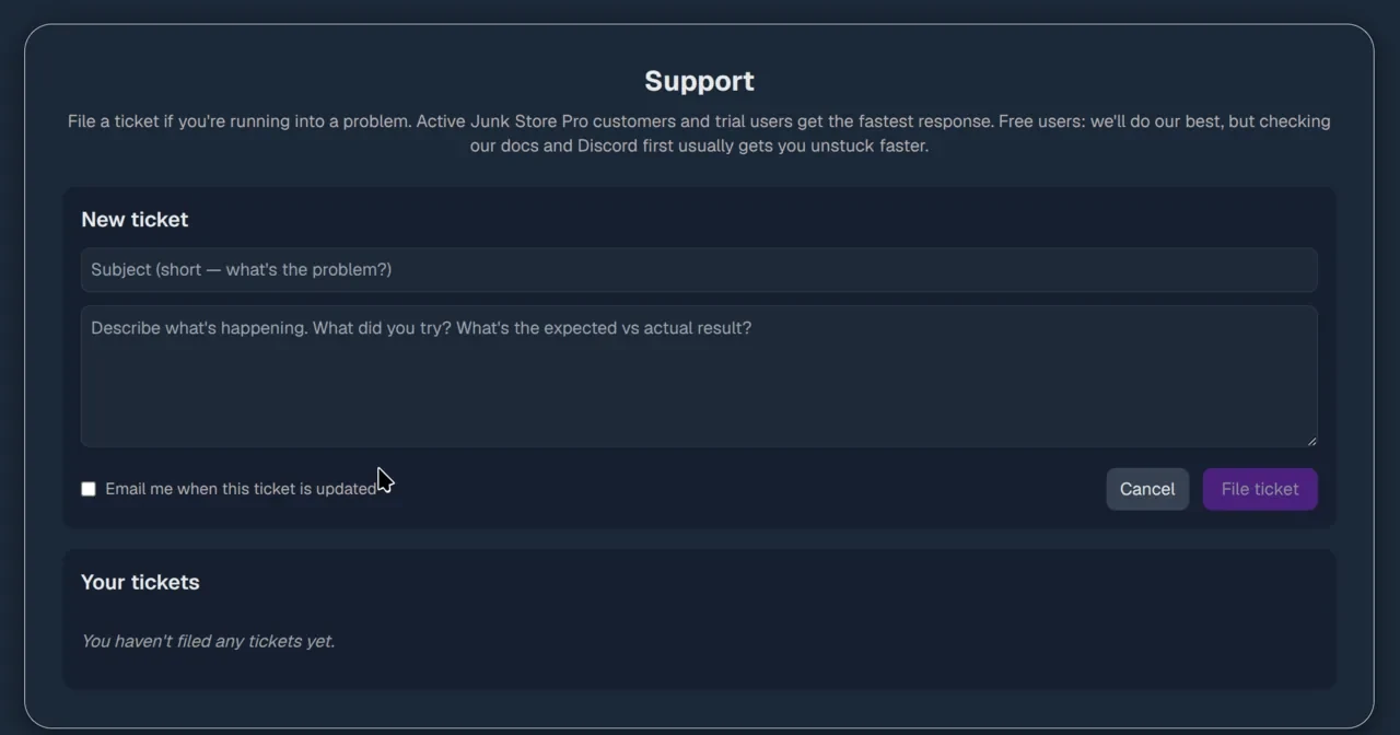 The portal's Support page with the new ticket form: a subject line, a description box, and a File ticket button.