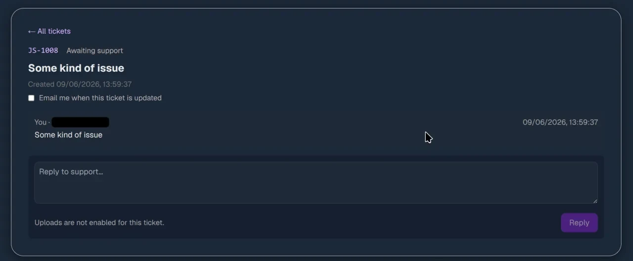 A filed ticket on the portal, awaiting support, with a reply box and a note that uploads are not enabled for it.