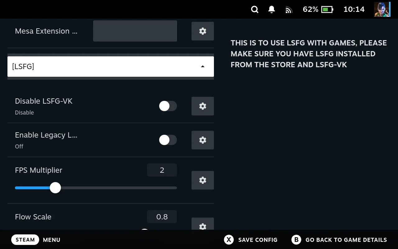 The LSFG section, with the two switches that turn it on, the frame multiplier and the flow scale slider. The help panel repeats that Lossless Scaling and lsfg-vk have to be installed first.