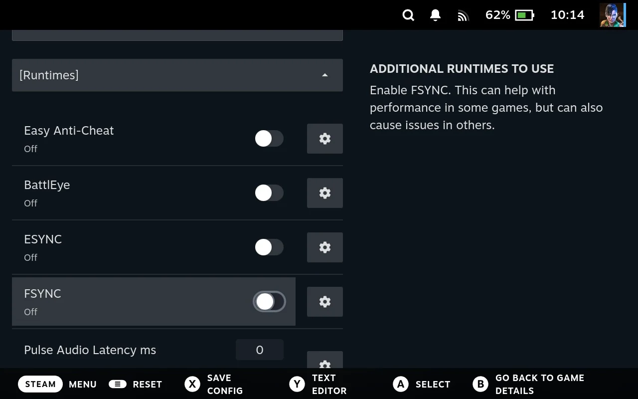 The Runtimes section: Easy Anti-Cheat, BattlEye, ESYNC and FSYNC as switches, with Pulse Audio latency below them.