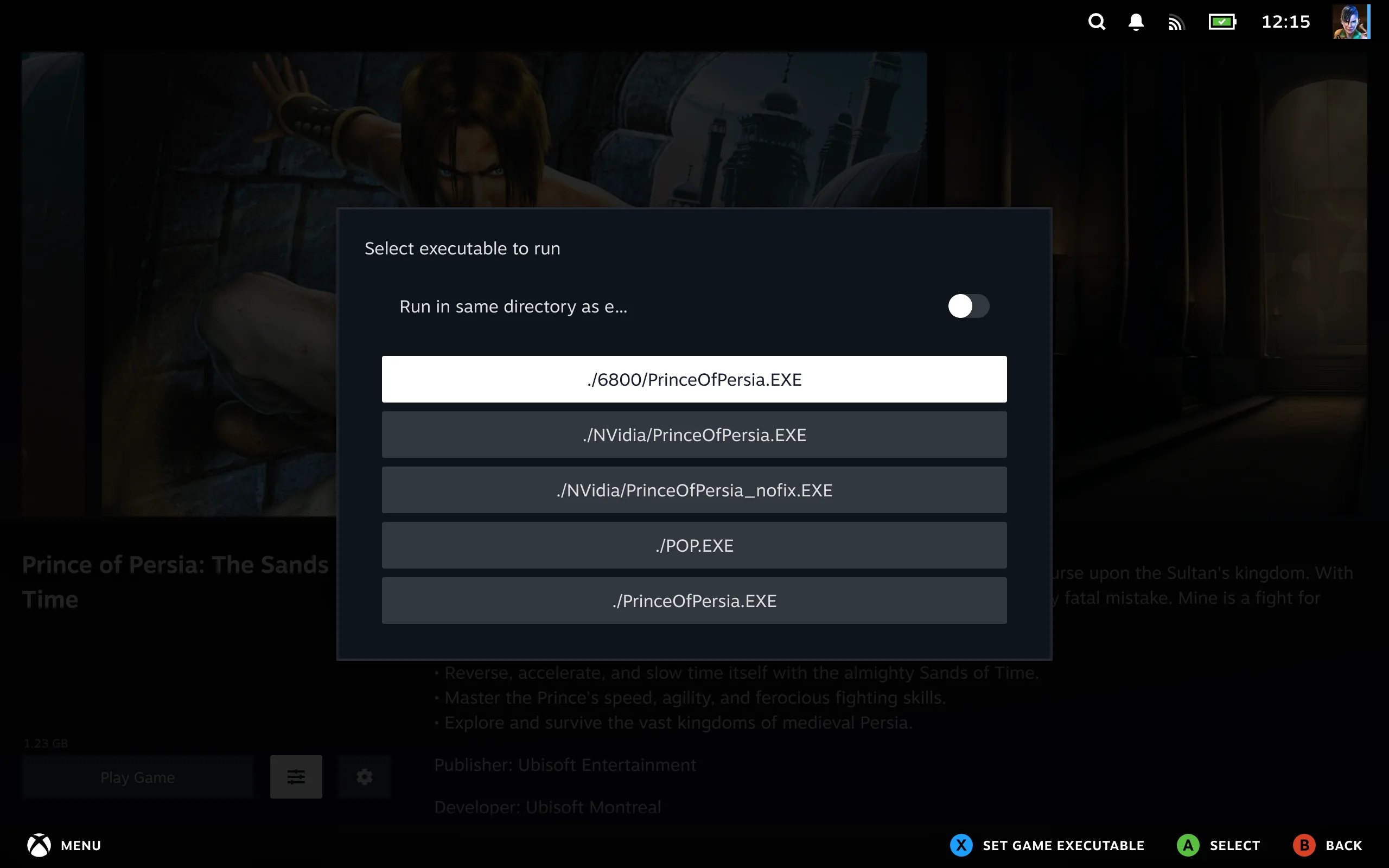 Select executable to run, with the run-in-same-directory toggle above a list of the programs found in the game's folder, and the hint reading Set game executable.