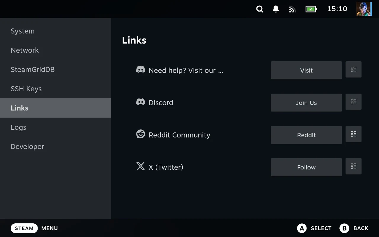 The Links section, each entry with a button that opens it and a second that shows a QR code.