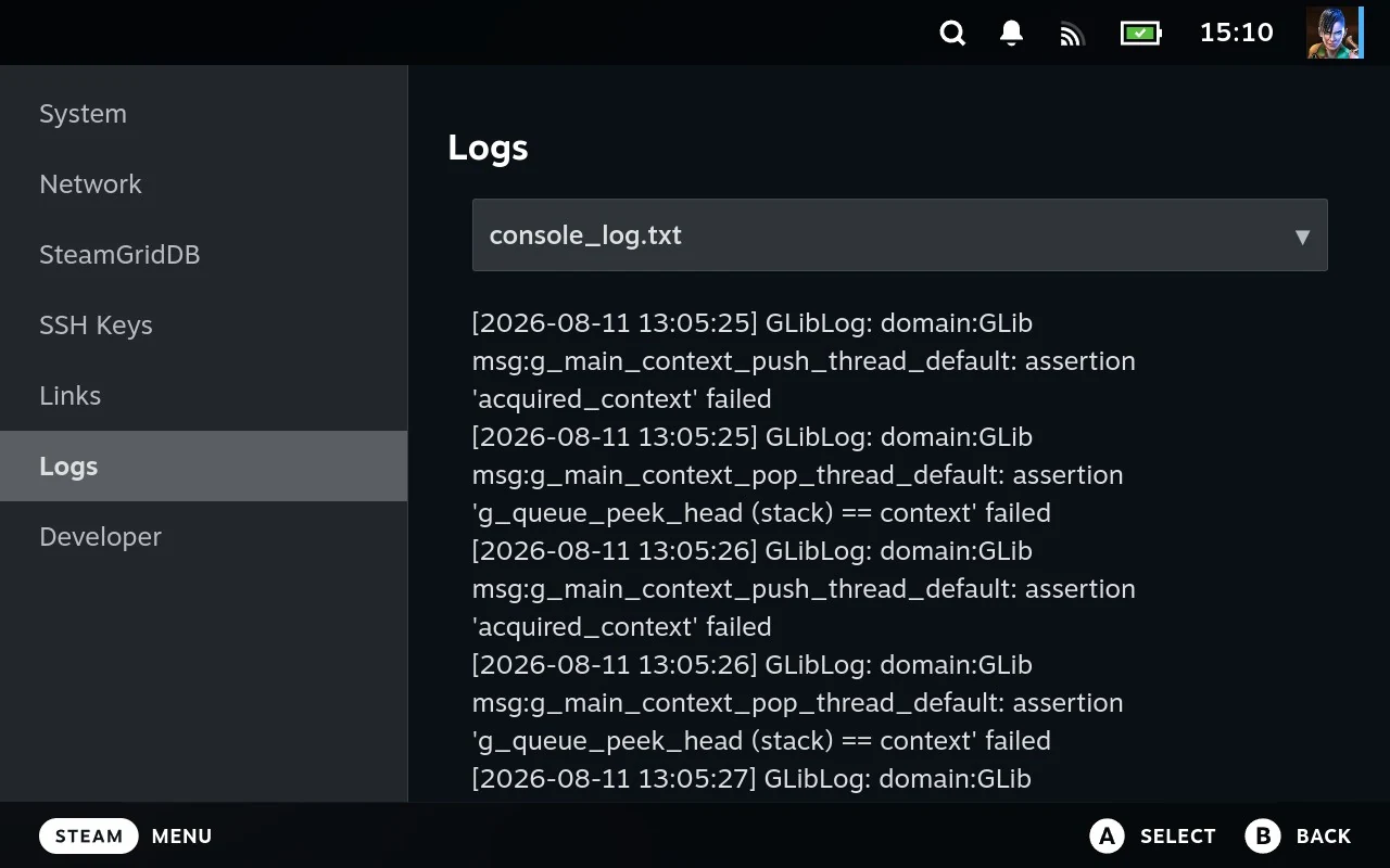 The Logs section, with a dropdown to pick a log file and its contents listed beneath.