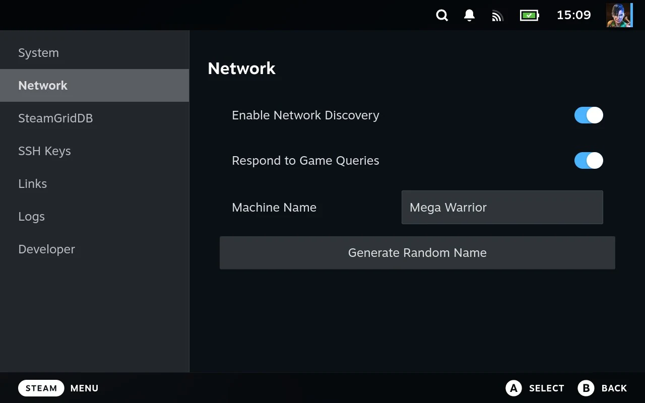 The Network section: Enable Network Discovery and Respond to Game Queries both on, the machine name, and Generate Random Name beneath.
