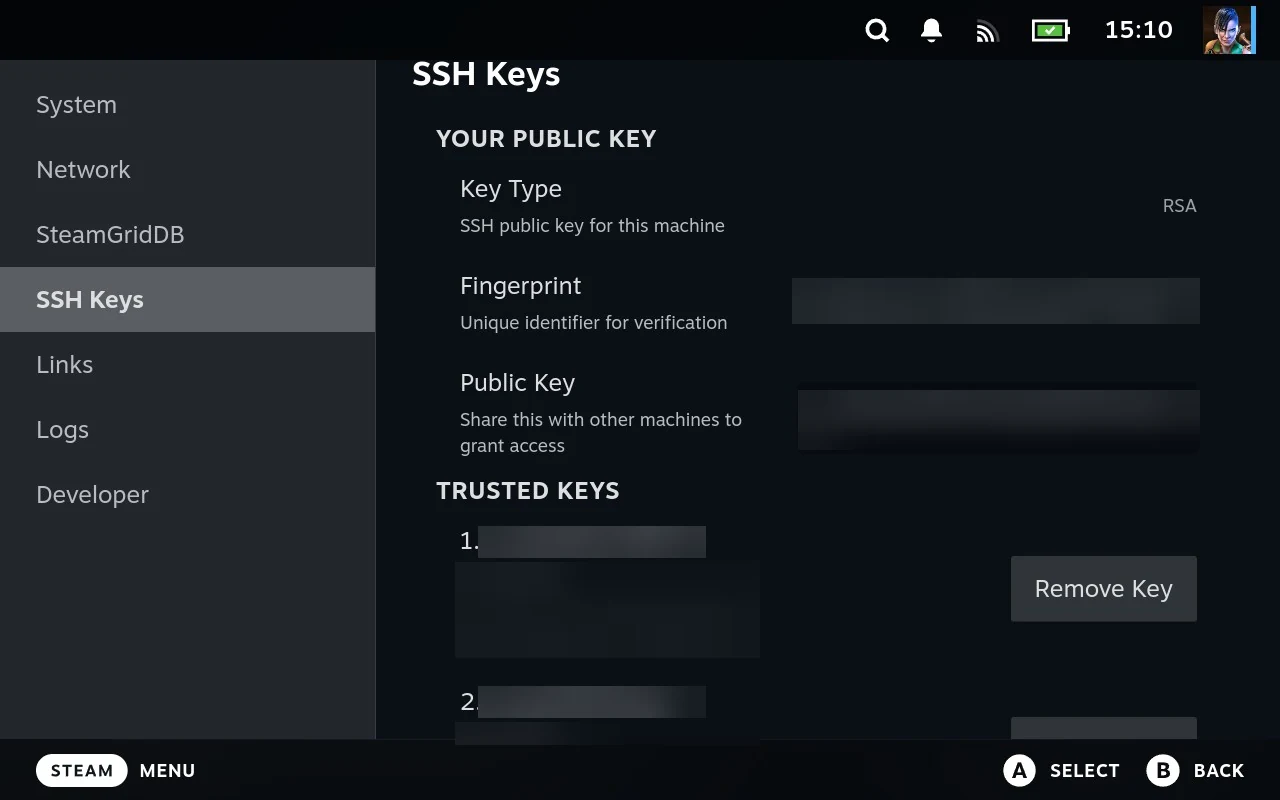 The SSH Keys section: key type, fingerprint and public key at the top, then Trusted Keys listing the machines that can reach this one. Key material is obscured here.