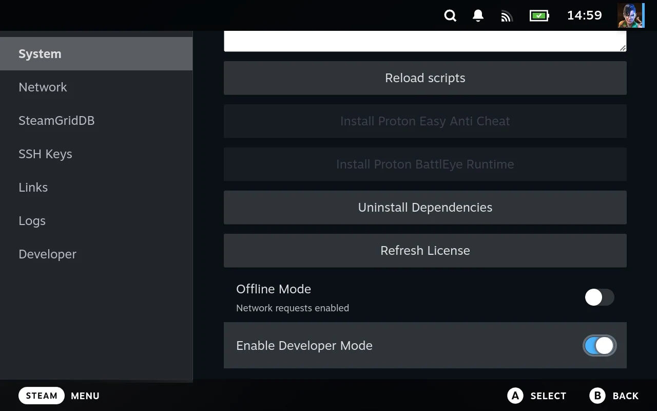 The rest of the System section: Reload scripts, the two anti-cheat runtimes greyed out, Uninstall Dependencies, Refresh License, and the Offline Mode switch.
