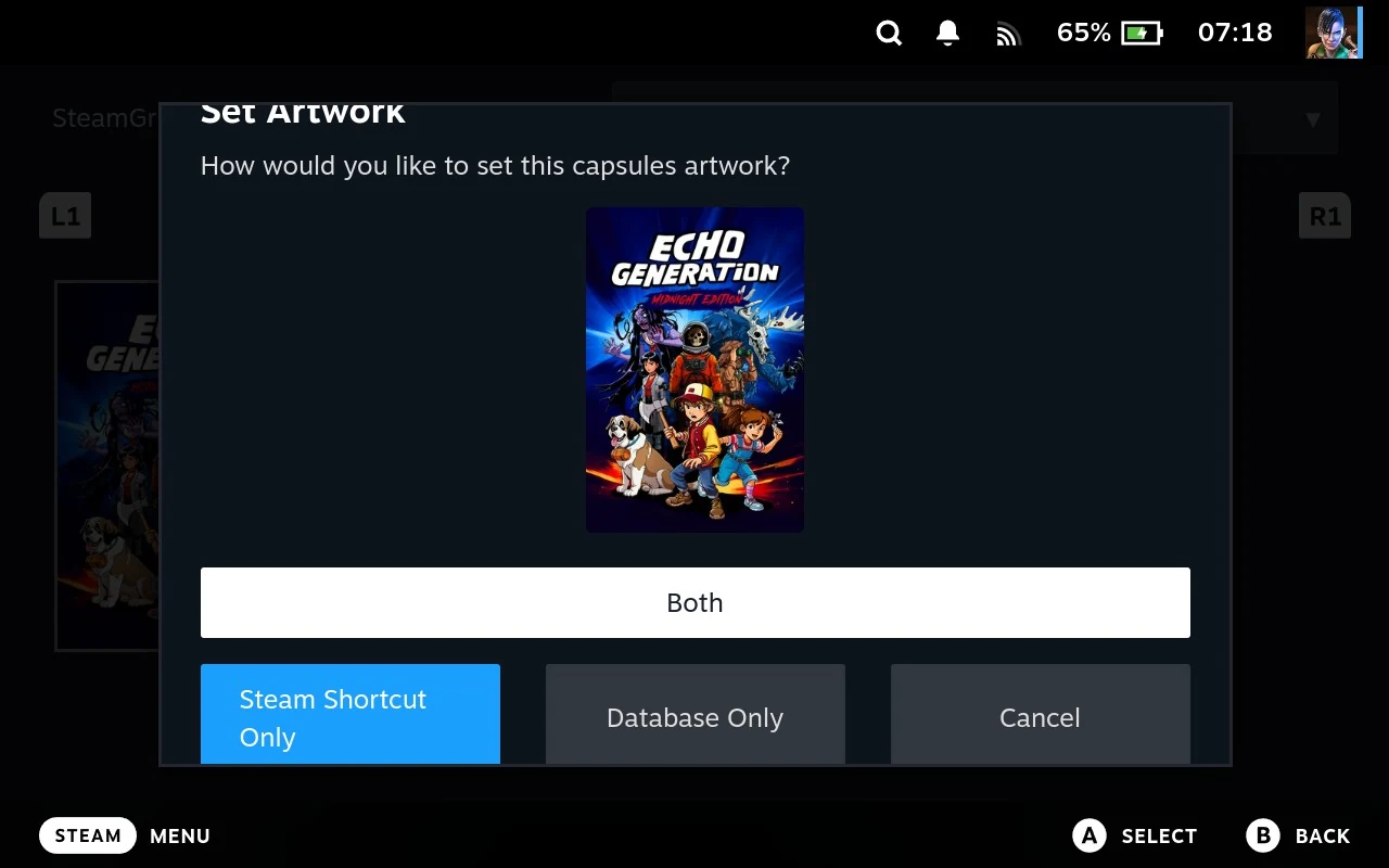 The Set Artwork dialogue, with a preview of the chosen picture and three buttons: Both, Steam Shortcut Only and Database Only.