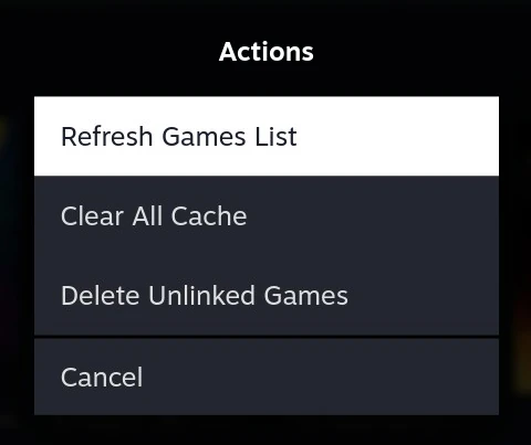 Amazon's actions: Refresh Games List, Clear All Cache, Delete Unlinked Games.