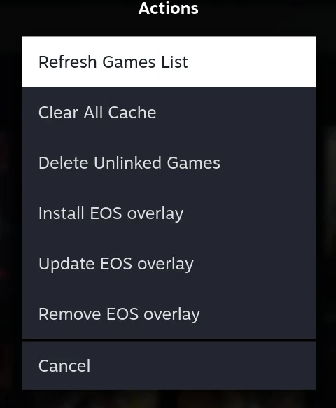 Epic's actions: the same three, followed by Install, Update and Remove EOS overlay.
