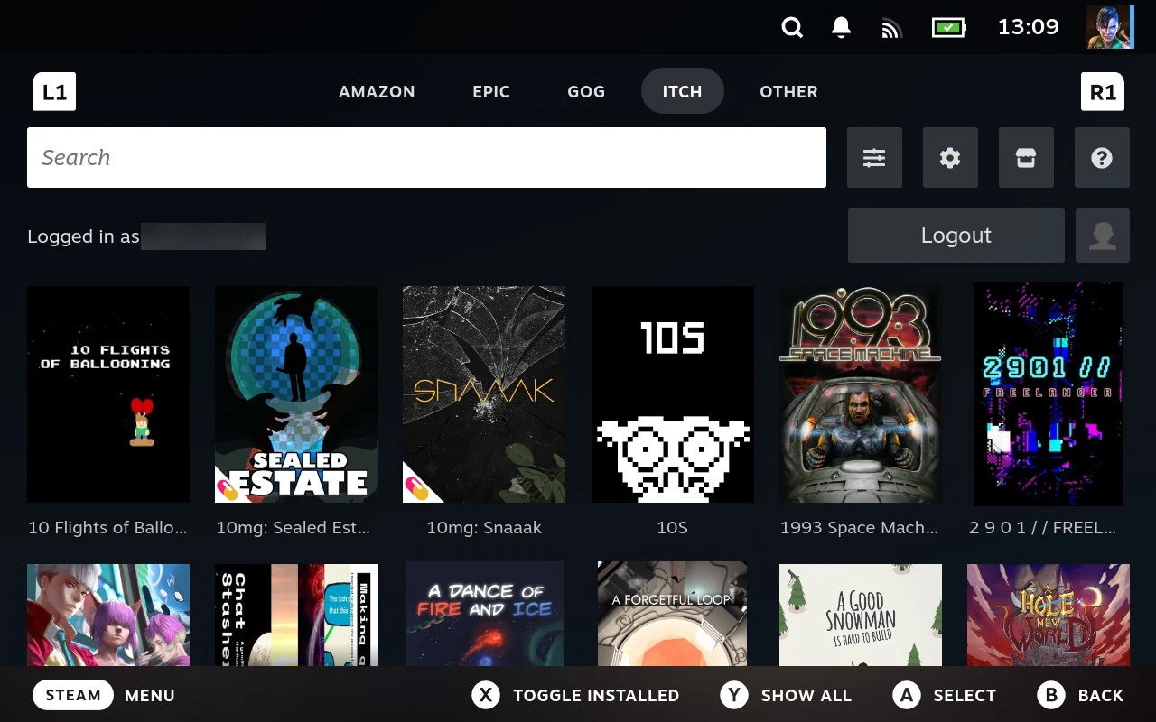 A store tab: the tabs across the top, the search box and its four buttons, and the grid of game artwork below.