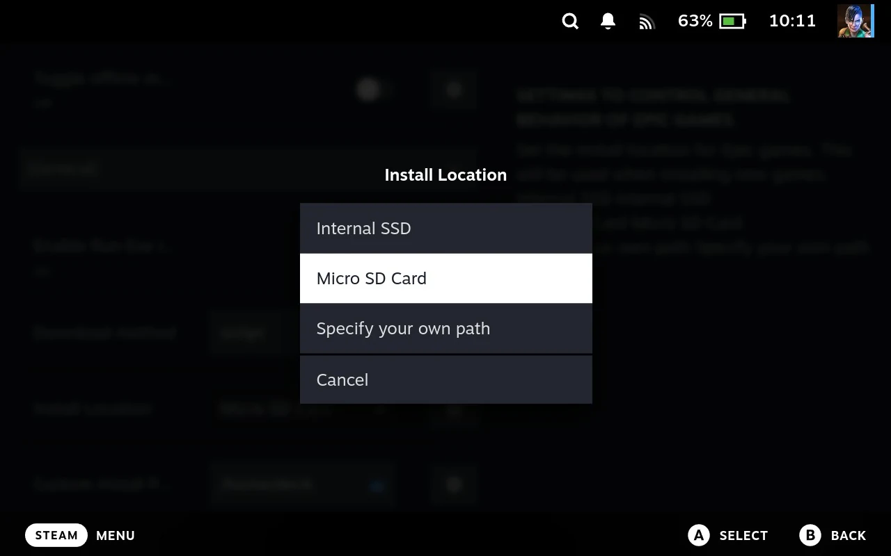 The Install Location dropdown open, offering the internal SSD, the MicroSD card, or specifying your own path.