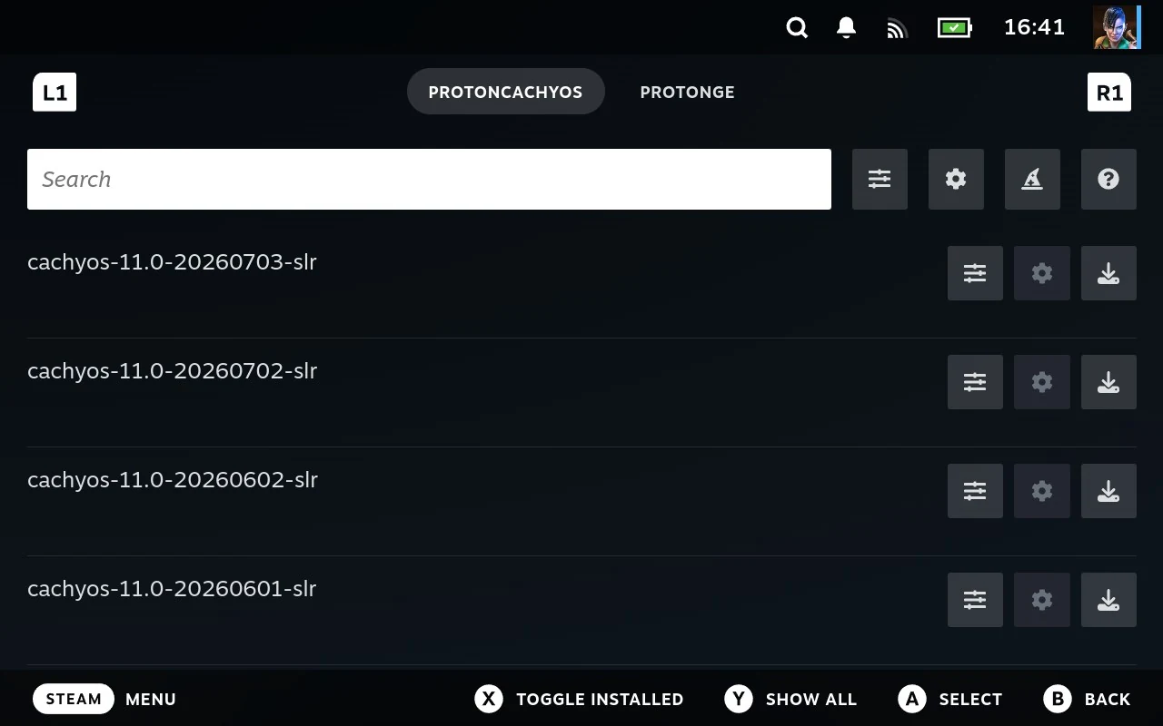 An extension shown as a list: one row per item, each with its own sliders, cog and download buttons, and no artwork.