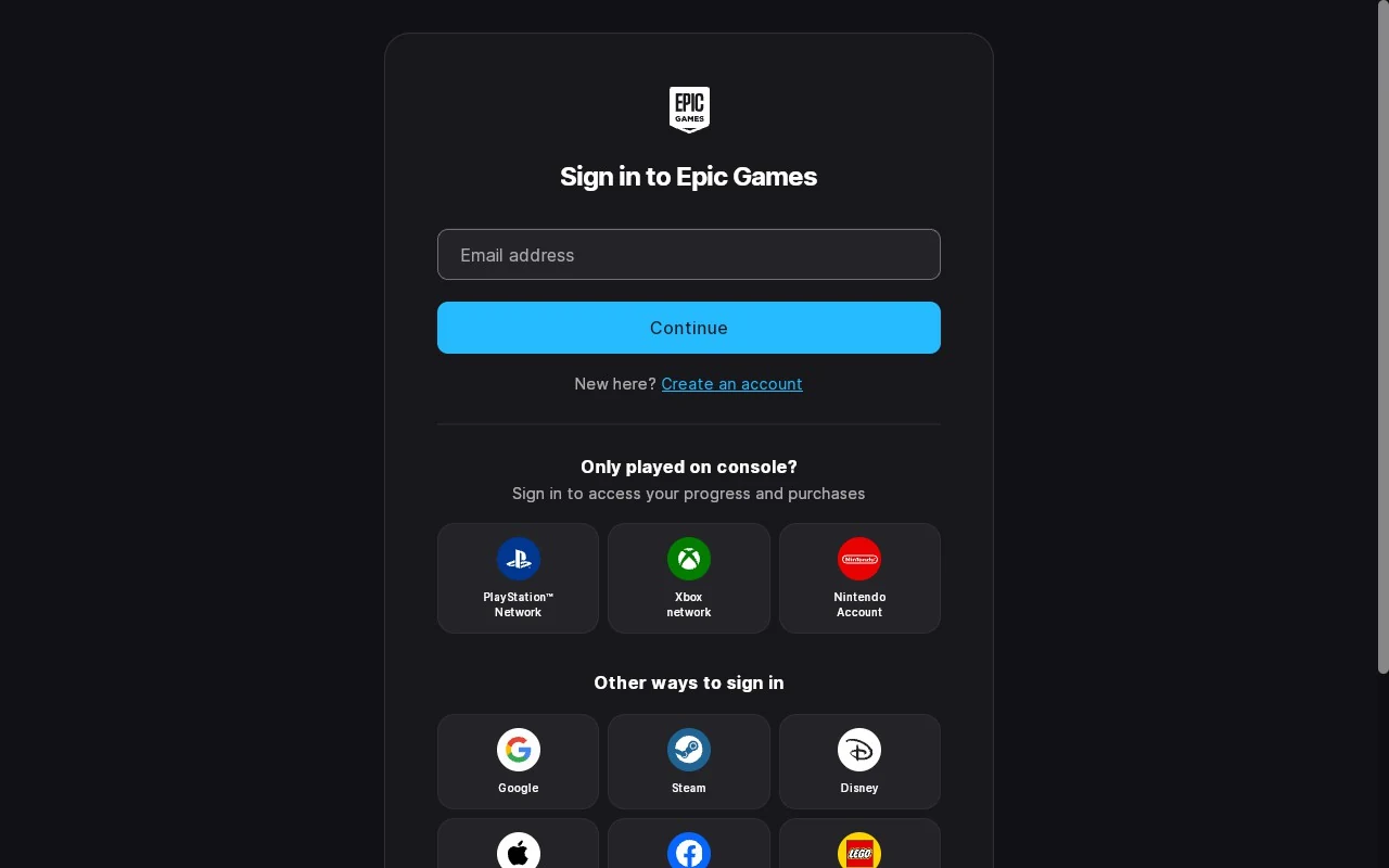 Epic's own sign-in page shown in the web view, with its email box, its Continue button, and its console and third-party sign-in options.