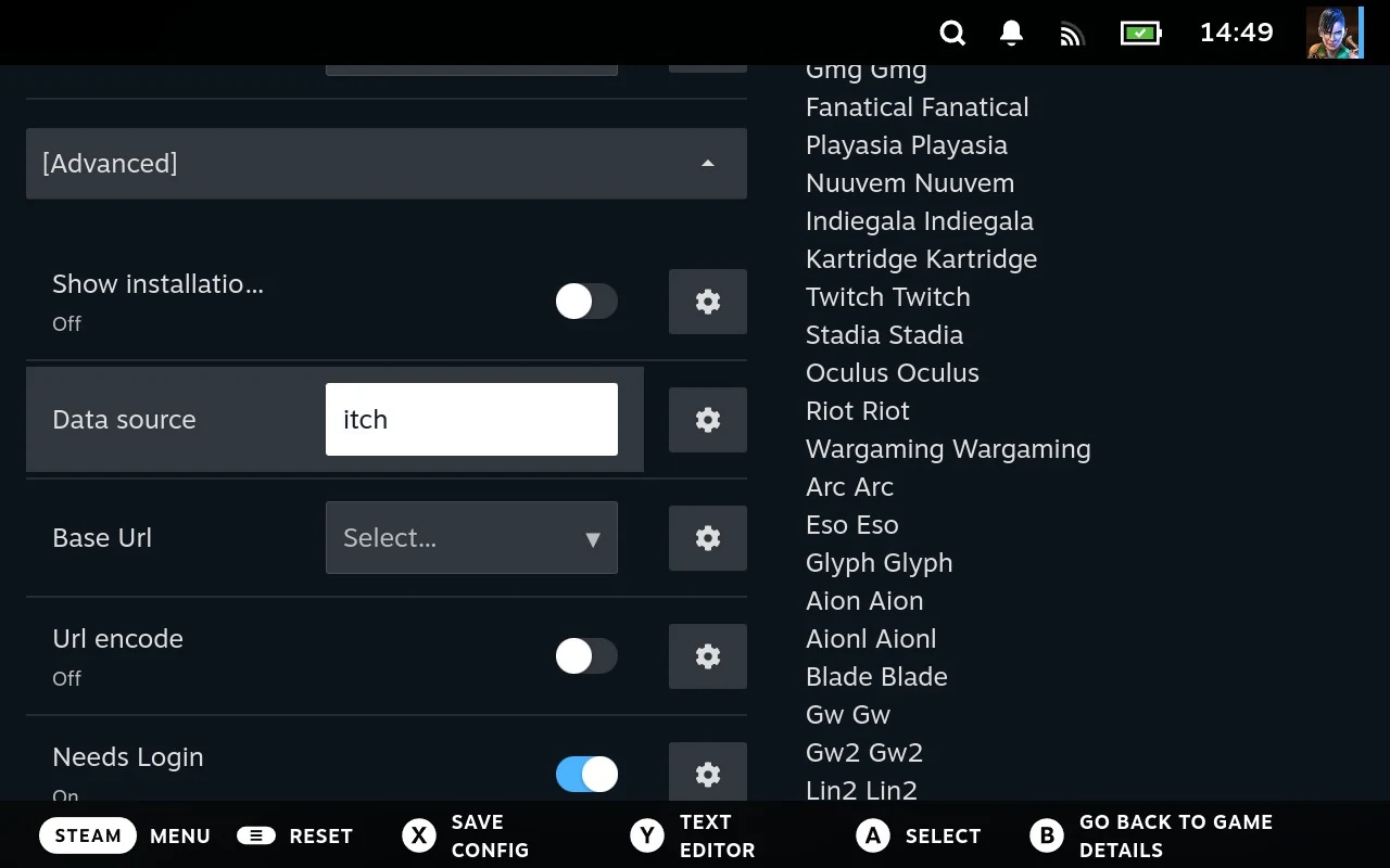 The Advanced section: where the store's data comes from, its base URL, URL encoding and whether it needs a login.