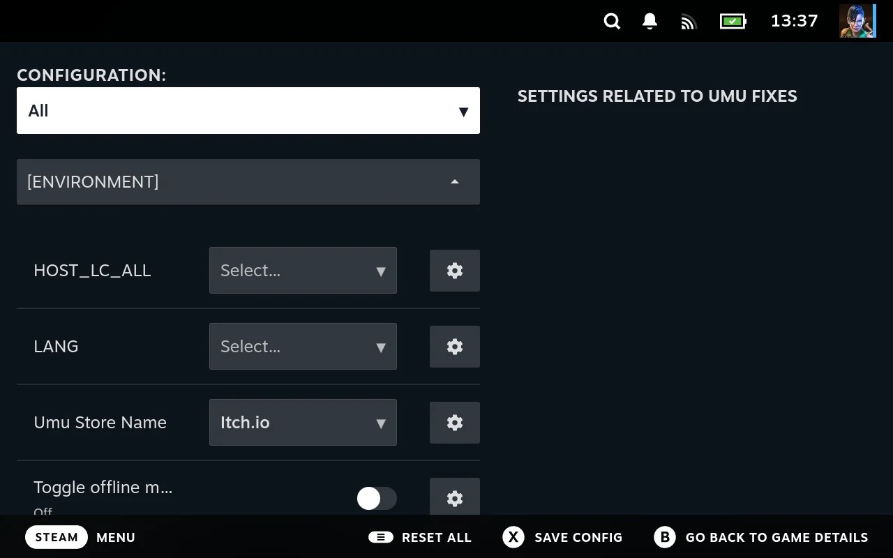 The Environment section: the two locale variables, the store umu presents itself as, and the offline mode switch.