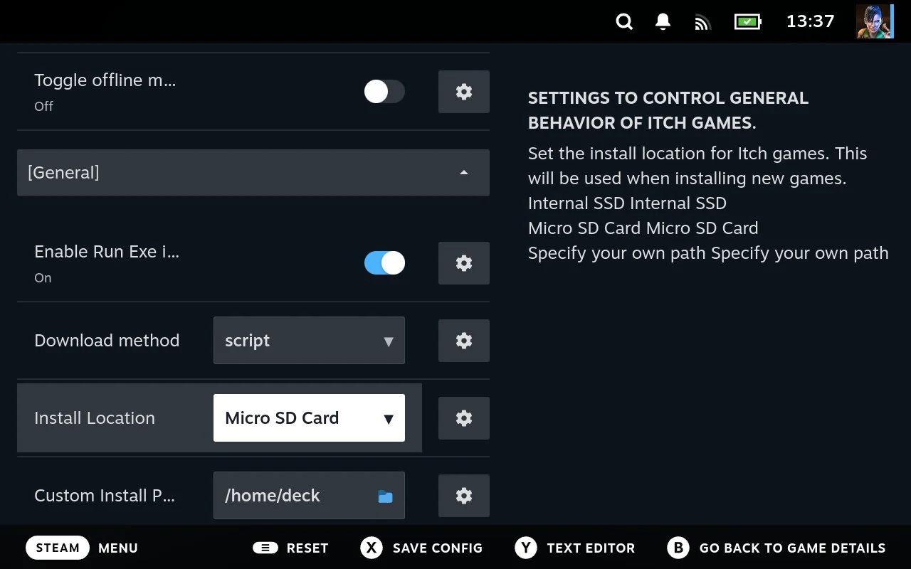 The General section: whether Run Exe is offered, the download method, install location and the custom path, with the help pane describing the focused setting.