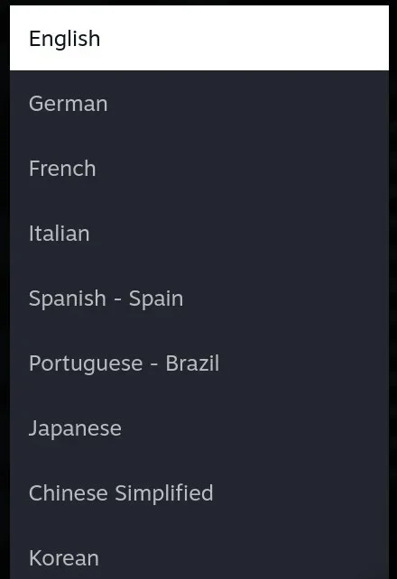 The language list, offering English, German, French, Italian, Spanish, Portuguese, Japanese, Chinese and Korean.
