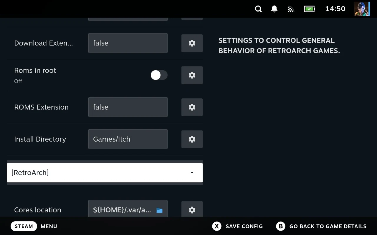 The RetroArch section, with the location RetroArch cores are loaded from.